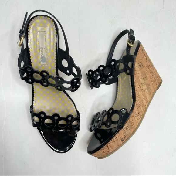 BODEN Cork Wedge Heels Womens Size 41 Patent Leather Sandals Chic Summer Vaca - Picture 1 of 9